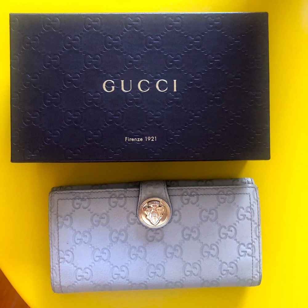 Gucci Light Gray Monogram Continental Wallet with Gold Medallion